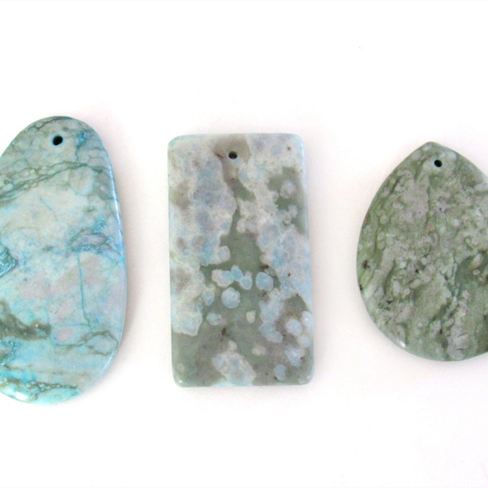 Light Blue Sea Sediment Jasper Pendant Beads for Jewelry Making - Set of 3